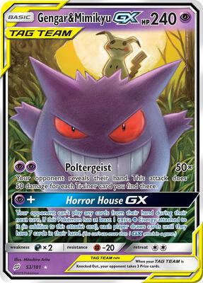 Pokemon,SM - Team Up,Gengar & Mimikyu GX - 53/181,Holofoil,Ultra Rare,Heavily Played