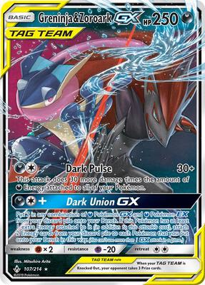 Pokemon,SM - Unbroken Bonds,Greninja & Zoroark GX - 107/214,Holofoil,Ultra Rare,Near Mint