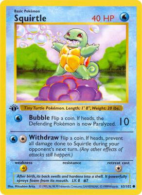 Pokemon,Base Set (Shadowless),Squirtle - 063/102,Unlimited,Common,Heavily Played