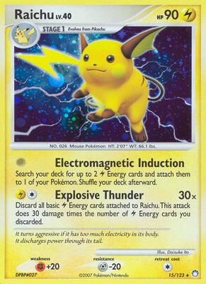 Pokemon,Mysterious Treasures,Raichu - 15/123,Reverse Holofoil,Holo Rare,Heavily Played