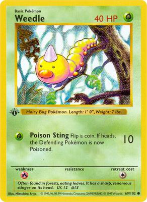 Pokemon,Base Set (Shadowless),Weedle - 069/102,1st Edition,Common,Moderately Played