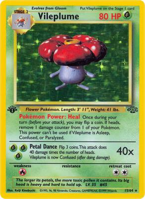 Pokemon,Jungle,Vileplume (15) - 15/64,1st Edition Holofoil,Holo Rare,Moderately Played