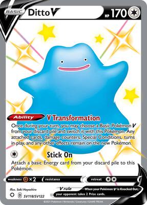 Pokemon,Shining Fates: Shiny Vault,Ditto V - SV118/SV122,Holofoil,Shiny Holo Rare,Near Mint