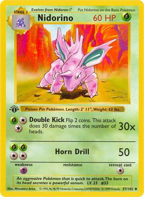 Pokemon,Base Set (Shadowless),Nidorino - 037/102,Unlimited,Uncommon,Heavily Played