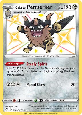 Pokemon,Shining Fates: Shiny Vault,Galarian Perrserker - SV087/SV122,Holofoil,Shiny Holo Rare,Lightly Played