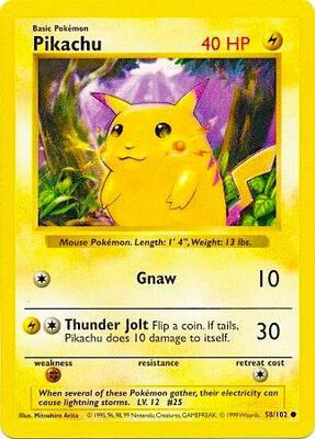 Pokemon,Base Set (Shadowless),Pikachu (Red Cheeks) - 058/102,Unlimited,Common,Heavily Played
