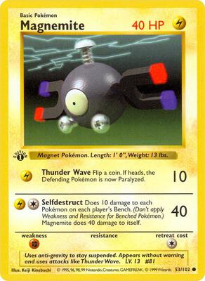 Pokemon,Base Set (Shadowless),Magnemite - 053/102,1st Edition,Common,Moderately Played