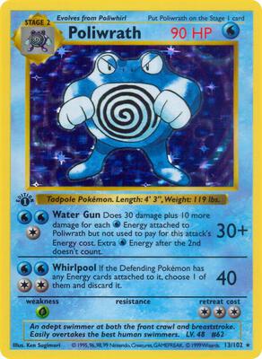 Pokemon,Base Set (Shadowless),Poliwrath - 013/102,Unlimited Holofoil,Holo Rare,Lightly Played