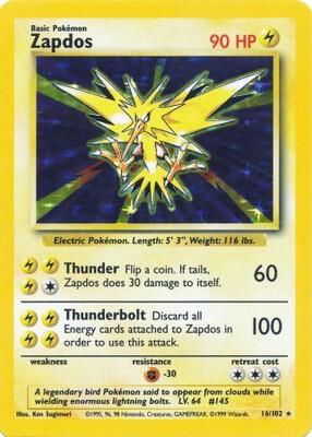Pokemon,Base Set,Zapdos - 016/102,Holofoil,Holo Rare,Heavily Played