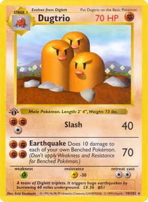 Pokemon,Base Set (Shadowless),Dugtrio - 019/102,Unlimited,Rare,Moderately Played