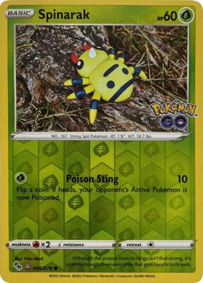 Pokemon,Pokemon GO,Spinarak (Peelable Ditto) - 006/078,Reverse Holofoil,Common,Lightly Played