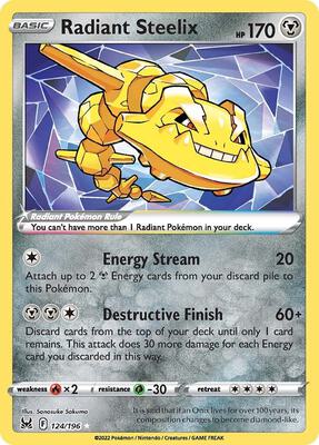Pokemon,SWSH11: Lost Origin,Radiant Steelix - 124/196,Holofoil,Radiant Rare,Lightly Played