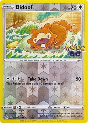 Pokemon,Pokemon GO,Bidoof (Peelable Ditto) - 059/078,Reverse Holofoil,Common,Lightly Played