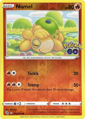 Pokemon,Pokemon GO,Numel (Peelable Ditto) - 013/078,Reverse Holofoil,Common,Moderately Played