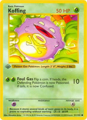 Pokemon,Base Set (Shadowless),Koffing - 051/102,1st Edition,Common,Moderately Played