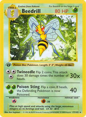 Pokemon,Base Set (Shadowless),Beedrill - 017/102,Unlimited,Rare,Lightly Played