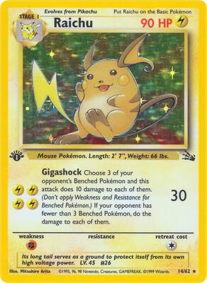 Pokemon,Fossil,Raichu (14) - 14/62,1st Edition Holofoil,Holo Rare,Lightly Played