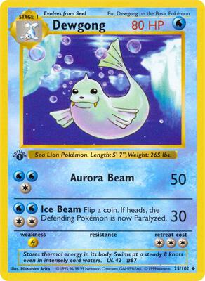 Pokemon,Base Set (Shadowless),Dewgong - 025/102,Unlimited,Uncommon,Moderately Played