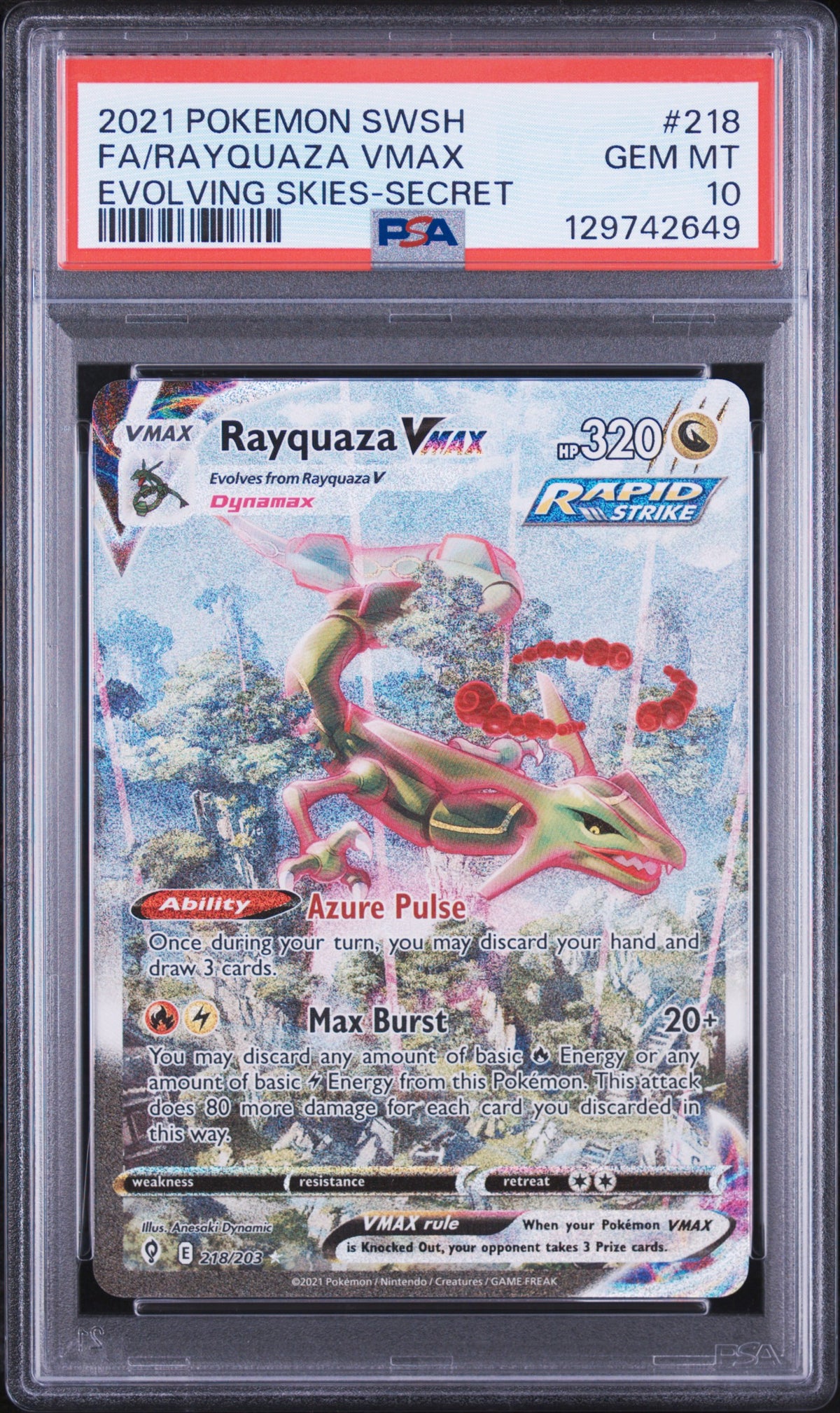 2021 POKEMON SWORD & SHIELD EVOLVING SKIES FA/RAYQUAZA VMAX #218 EVOLVING SKIES-SECRET PSA 10