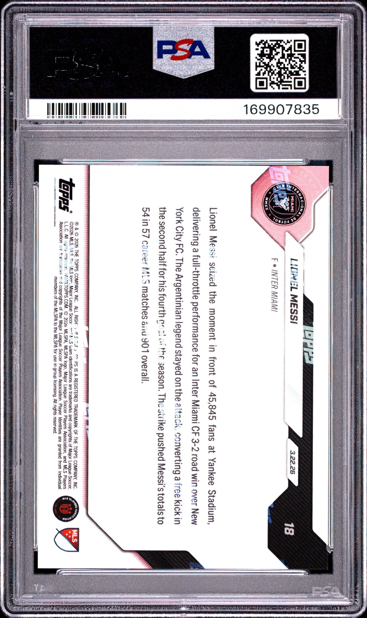 2026 TOPPS NOW MLS LIONEL MESSI #18 PSA 10