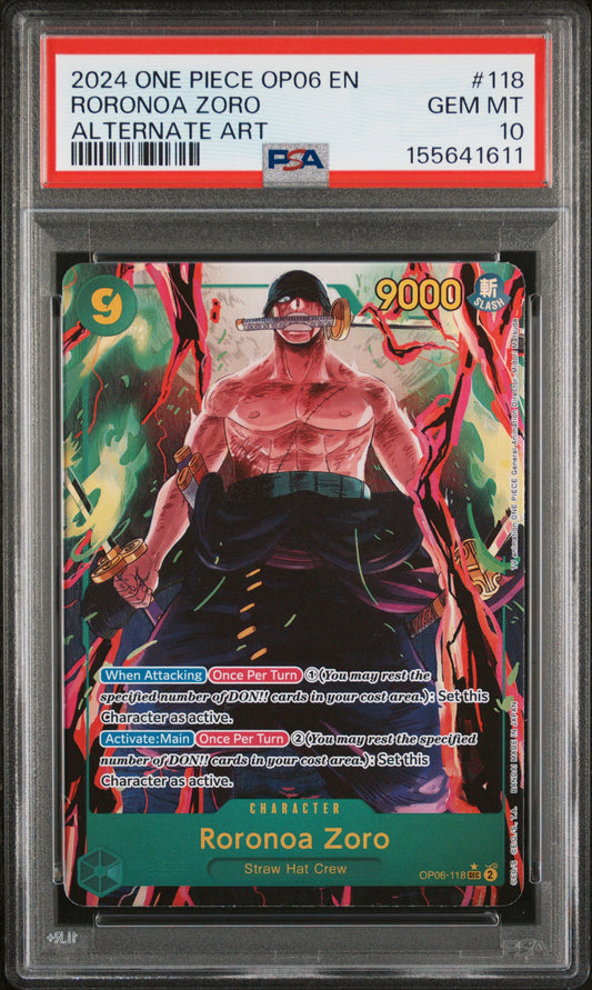 2024 ONE PIECE OP06-WINGS OF THE CAPTAIN RORONOA ZORO #118 ALTERNATE ART PSA 10