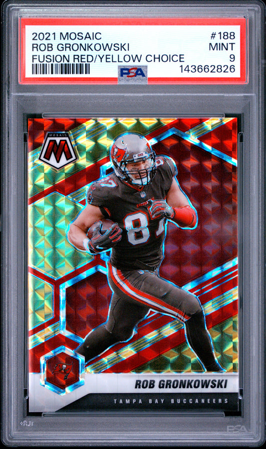 2021 PANINI MOSAIC ROB GRONKOWSKI #188 FUSION RED/YELLOW CHOICE PSA 9