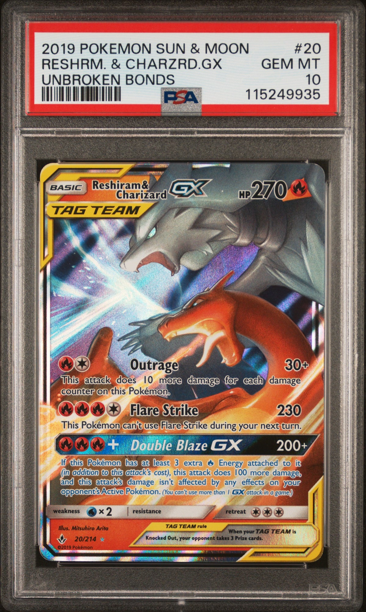 2019 POKEMON SUN & MOON UNBROKEN BONDS RESHRM. & CHARZRD.GX #20 UNBROKEN BONDS PSA 10