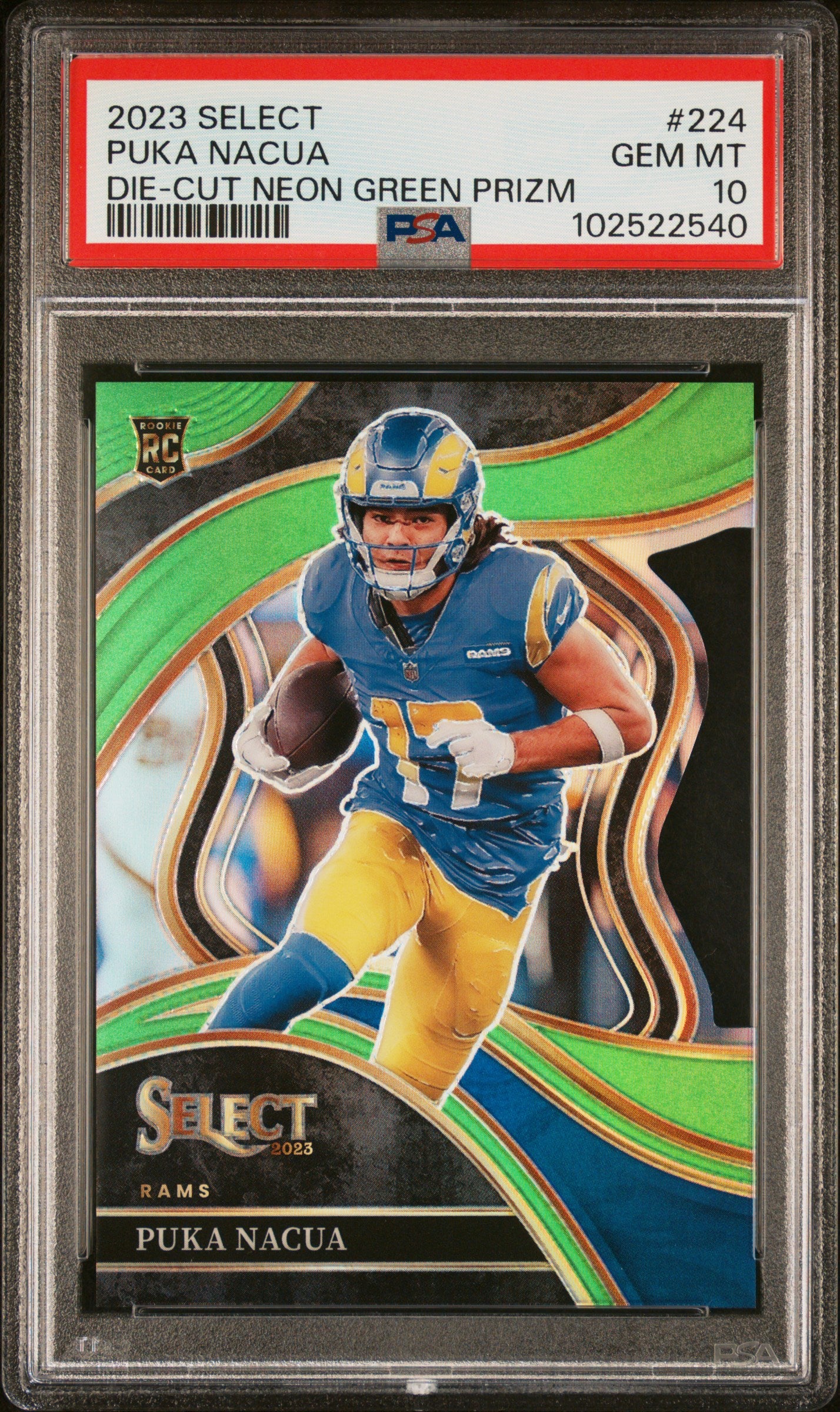 2023 PANINI SELECT PUKA NACUA #224 DIE-CUT NEON GREEN PRIZM PSA 10