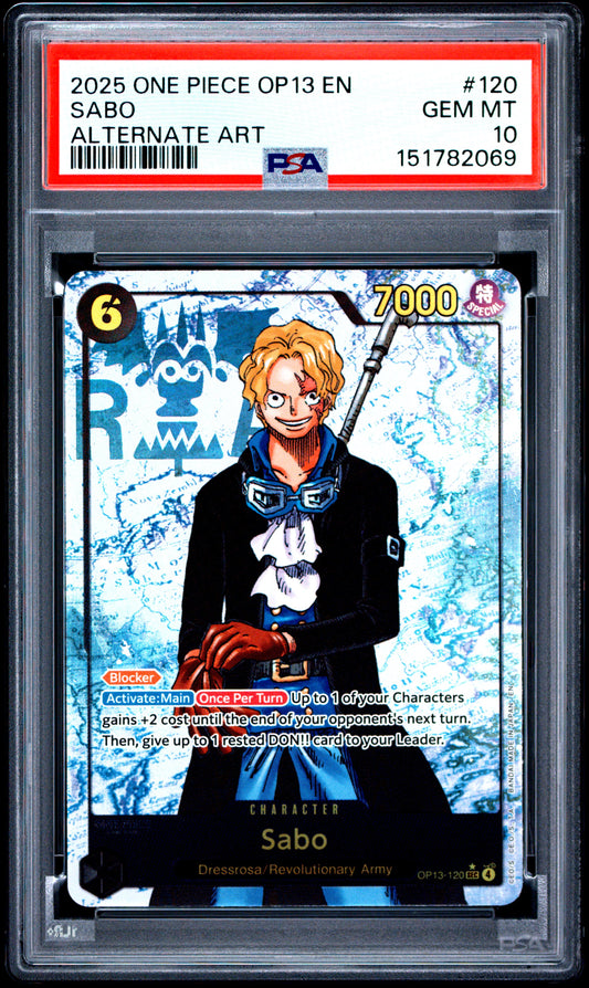 2025 ONE PIECE OP13-CARRYING ON HIS WILL SABO #120 ALTERNATE ART PSA 10