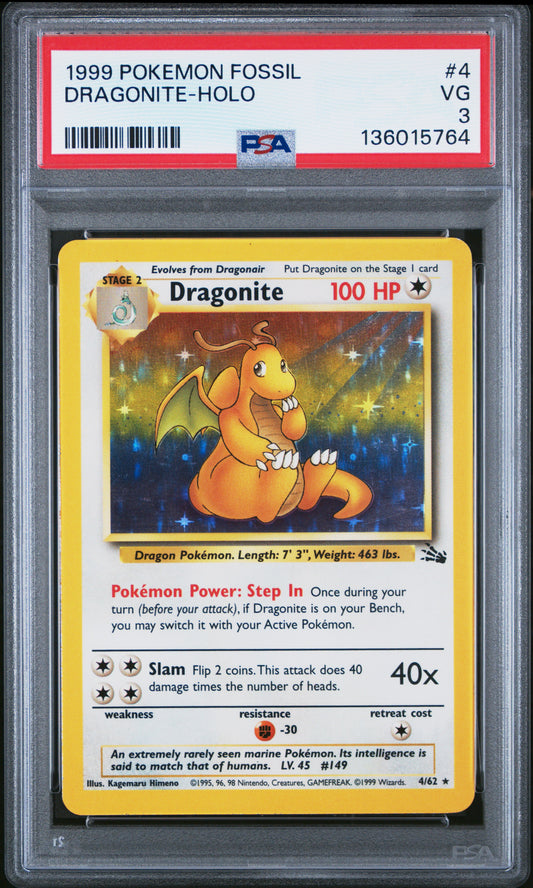 1999 POKEMON FOSSIL DRAGONITE-HOLO #4 PSA 3