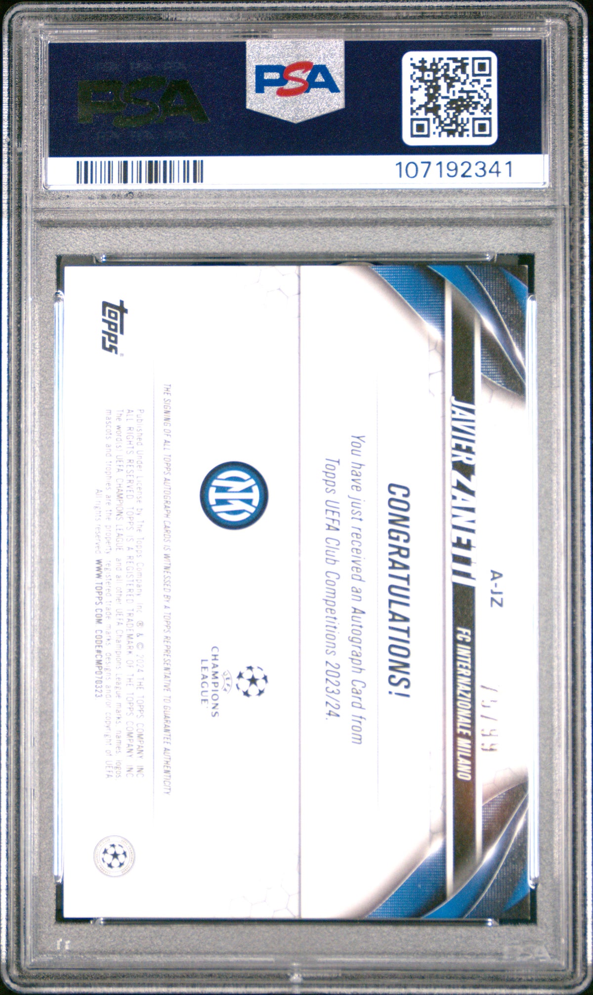 2023 TOPPS UEFA CLUB COMPETITIONS AUTOGRAPHS JAVIER ZANETTI #AJZ AUTO-BLUE ICY FOILBOARD PSA 8.5