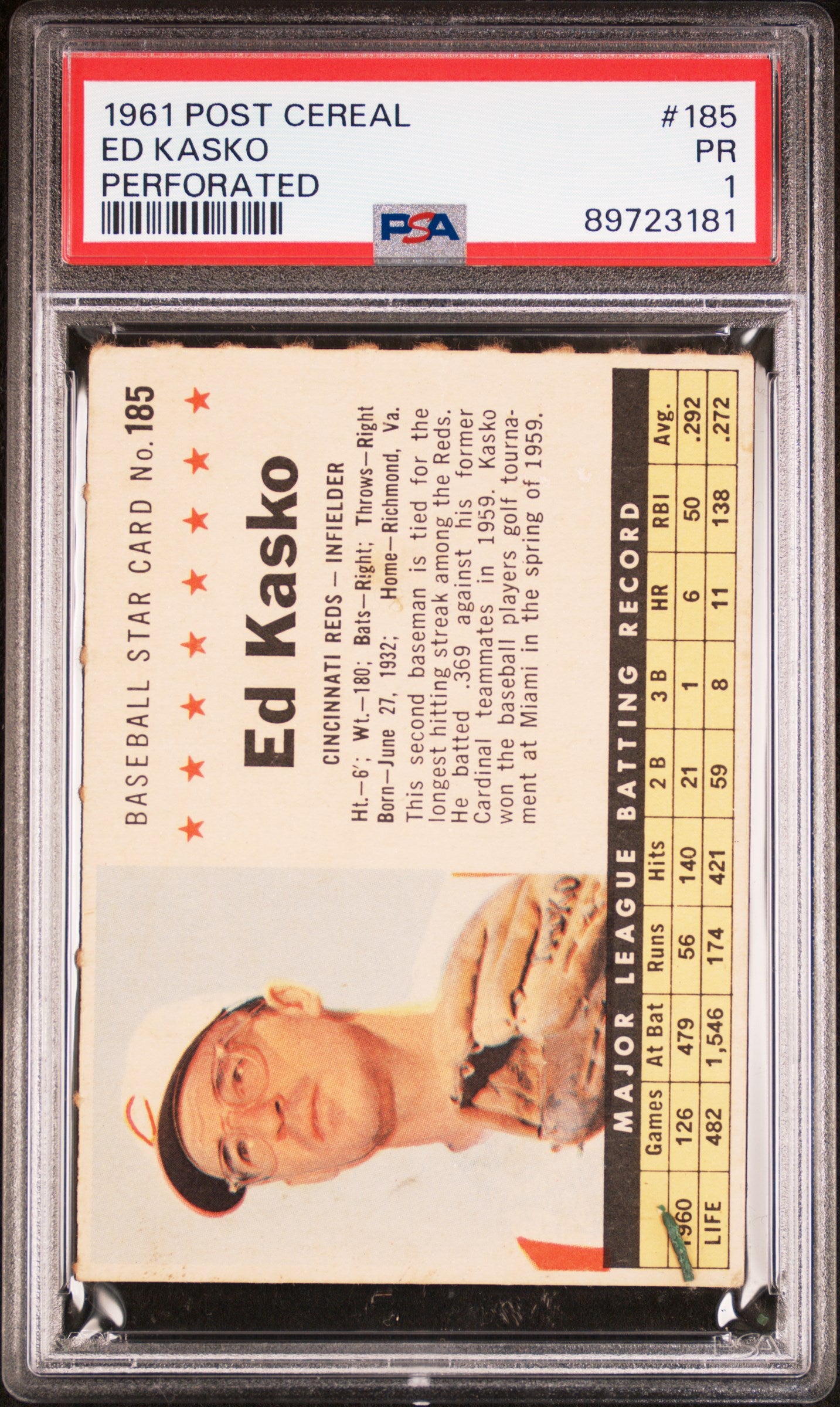 1961 POST CEREAL ED KASKO #185 PERFORATED PSA 1