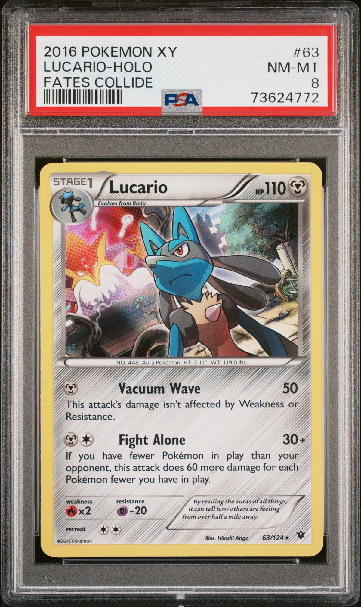 2016 POKEMON XY FATES COLLIDE LUCARIO-HOLO #63 FATES COLLIDE PSA 8