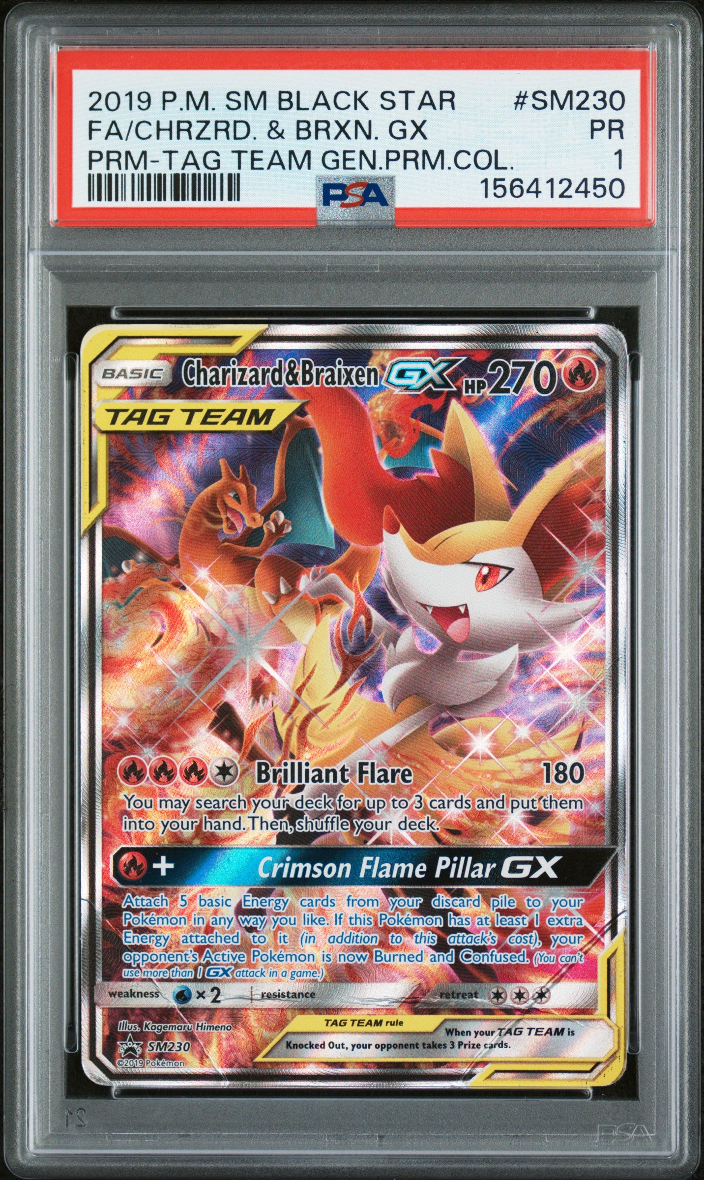 2019 POKEMON SM BLACK STAR PROMO FA/CHRZRD. & BRXN. GX #SM230 PRM-TAG TEAM GEN.PRM.COL. PSA 1