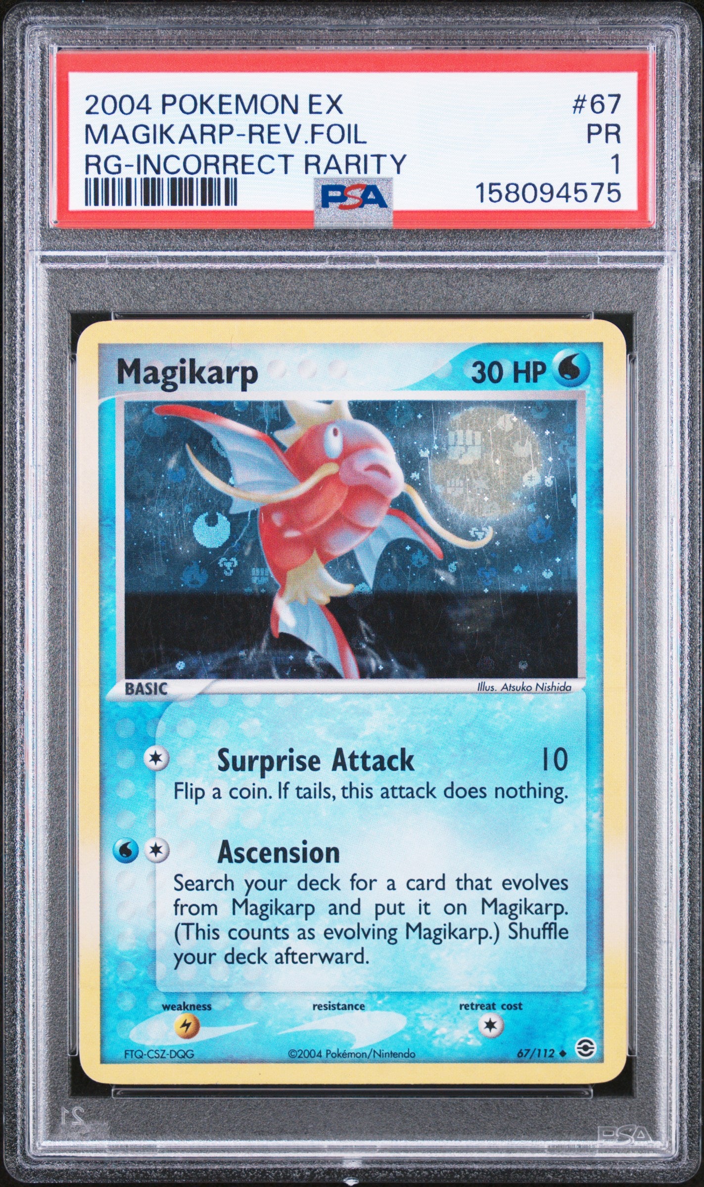 2004 POKEMON EX FIRE RED & LEAF GREEN MAGIKARP-REV.FOIL #67 RG-INCORRECT RARITY PSA 1