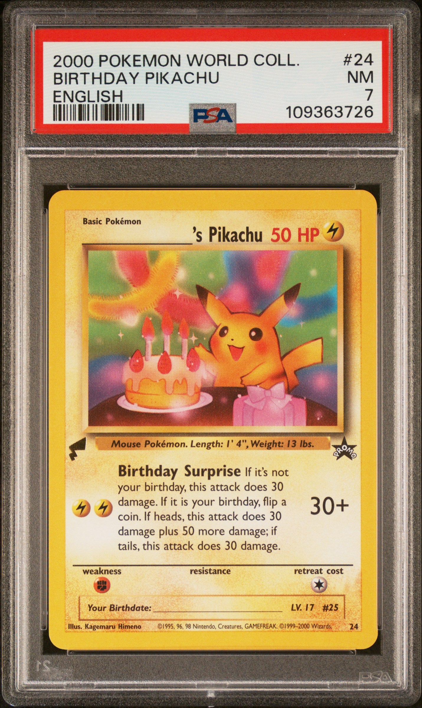 2000 POKEMON PIKACHU WORLD COLLECTION BIRTHDAY PIKACHU #24 ENGLISH PSA 7
