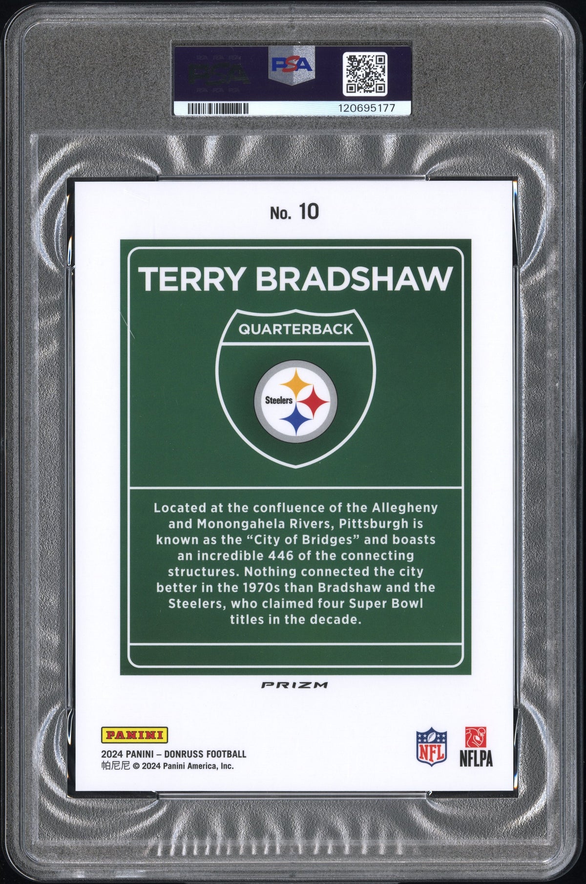 2024 PANINI DONRUSS DOWNTOWN! TERRY BRADSHAW #10 DOWNTOWN!-OVERSIZE PSA 9
