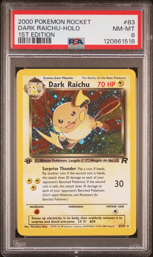 2000 POKEMON ROCKET DARK RAICHU-HOLO #83 1ST EDITION PSA 8