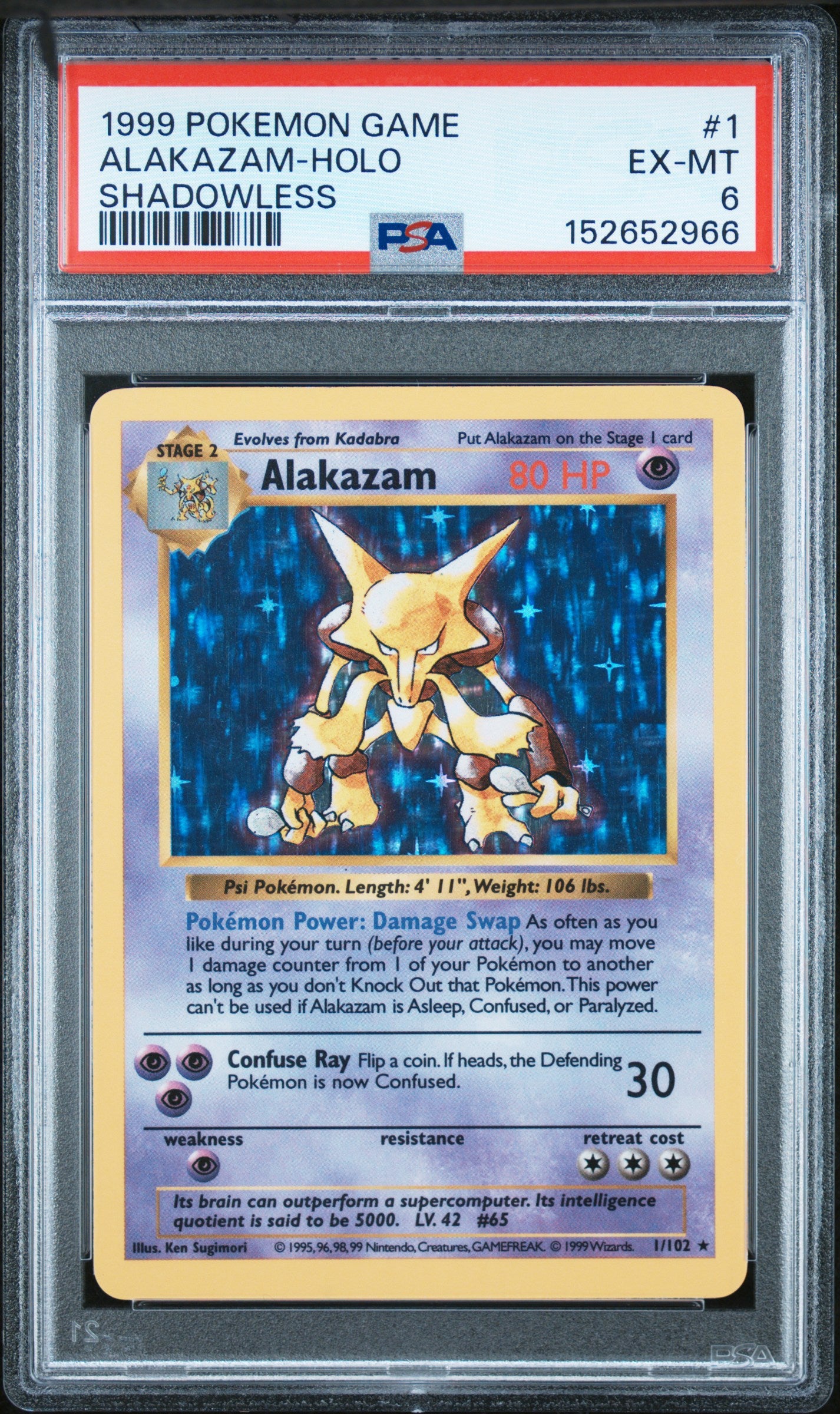 1999 POKEMON GAME ALAKAZAM-HOLO #1 SHADOWLESS PSA 6