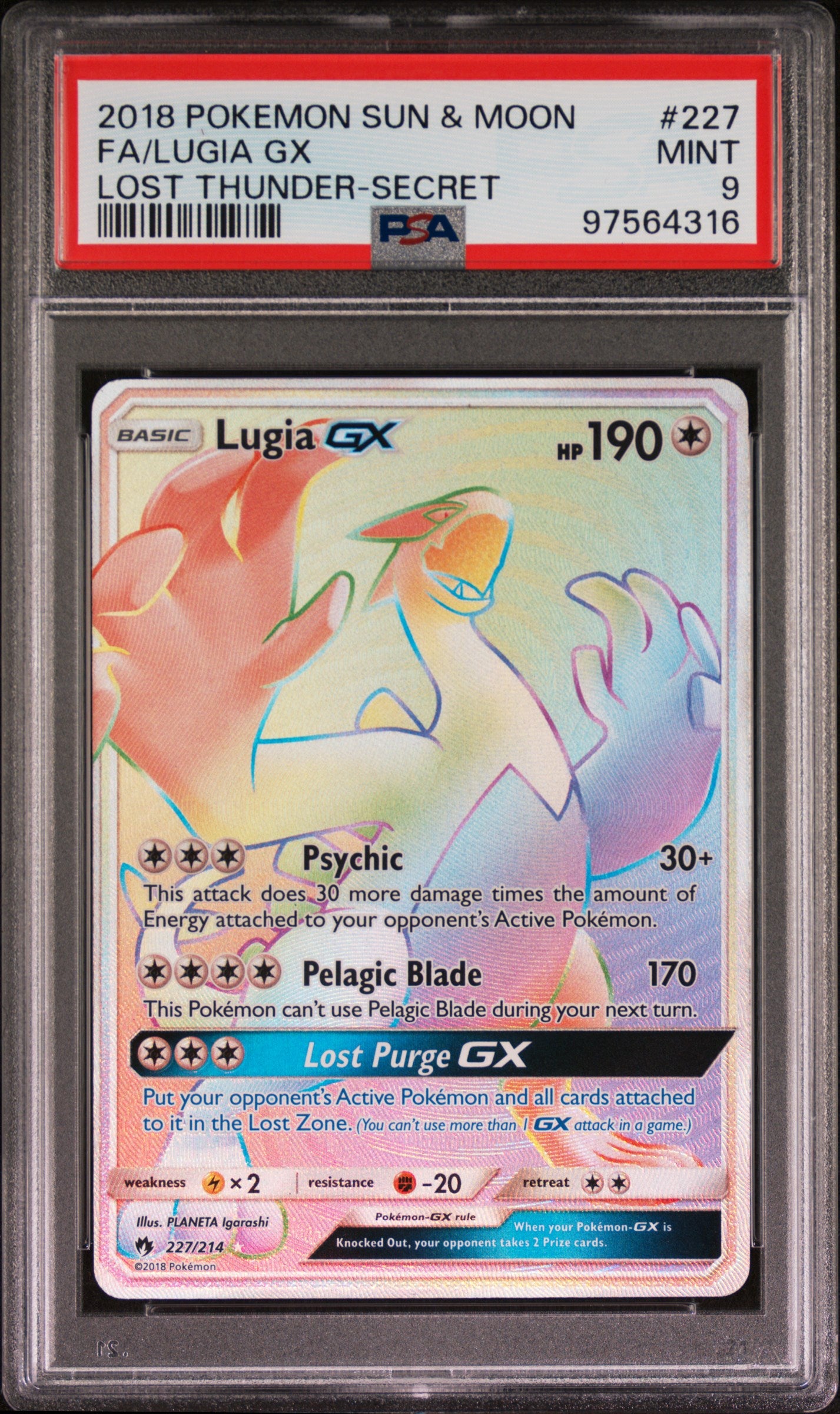 2018 POKEMON SUN & MOON LOST THUNDER FA/LUGIA GX #227 LOST THUNDER-SECRET PSA 9