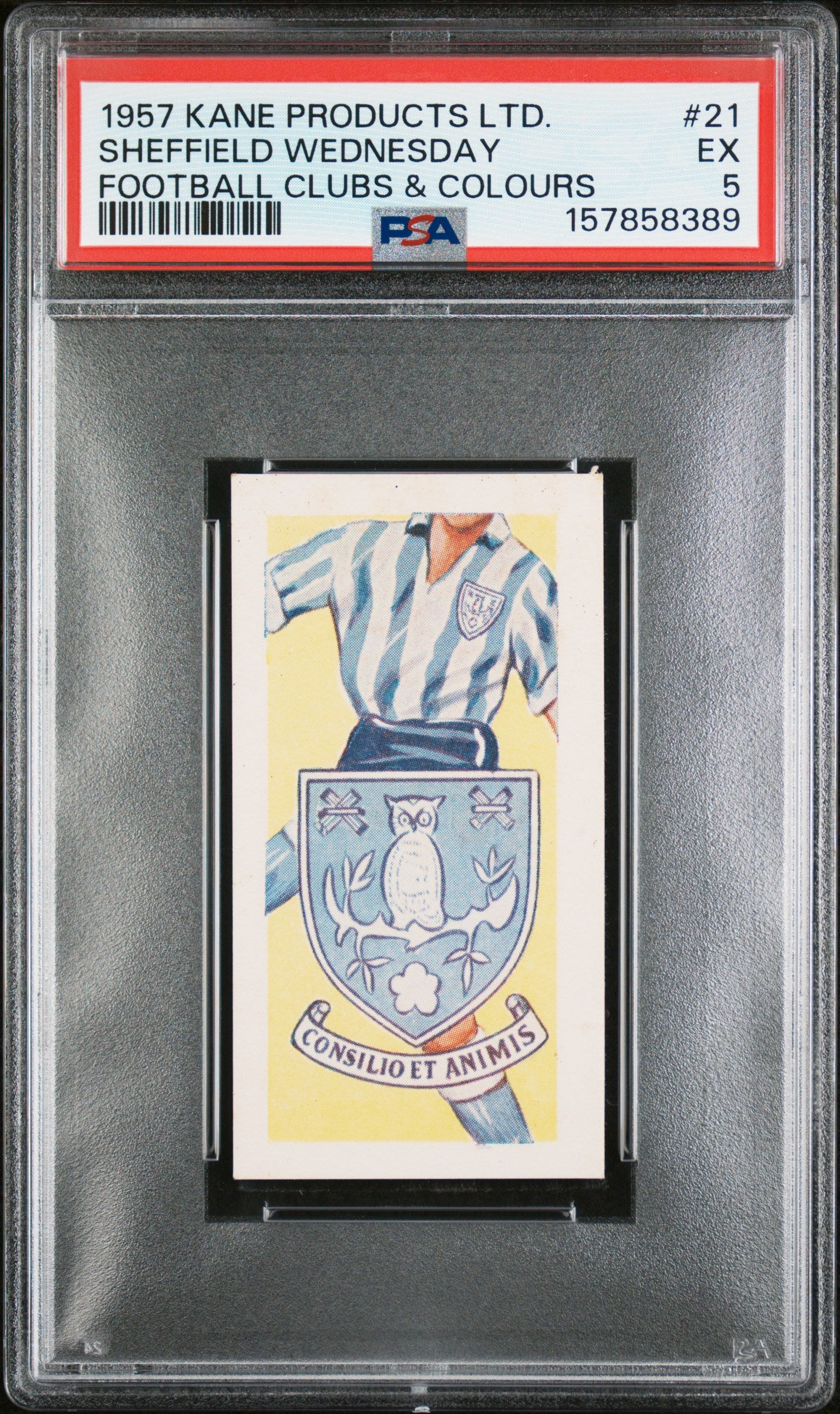 1957 KANE PRODUCTS LTD. FOOTBALL CLUBS & COLOURS SHEFFIELD WEDNESDAY #21 FOOTBALL CLUBS & COLOURS PSA 5