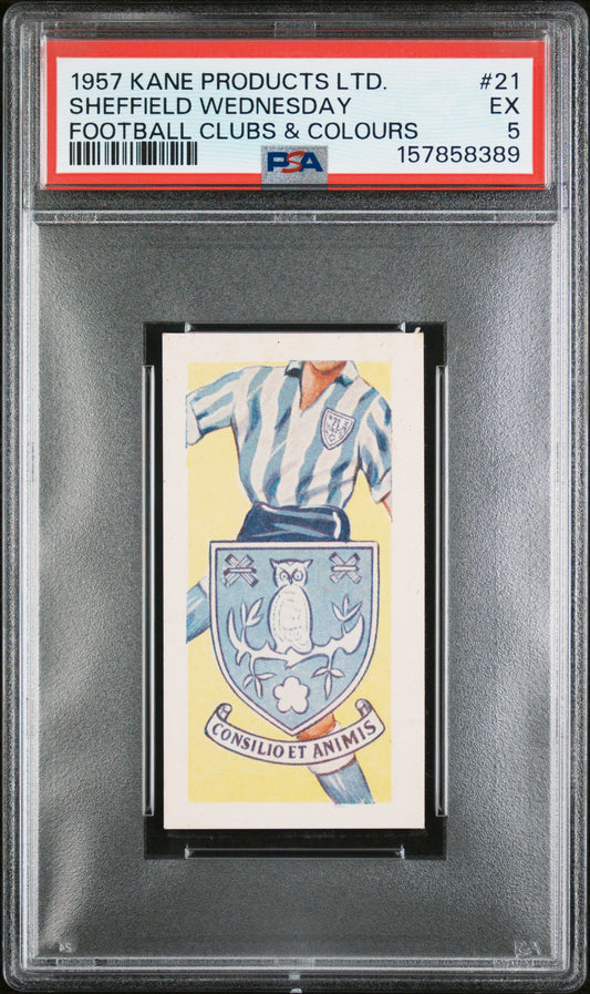 1957 KANE PRODUCTS LTD. FOOTBALL CLUBS & COLOURS SHEFFIELD WEDNESDAY #21 FOOTBALL CLUBS & COLOURS PSA 5